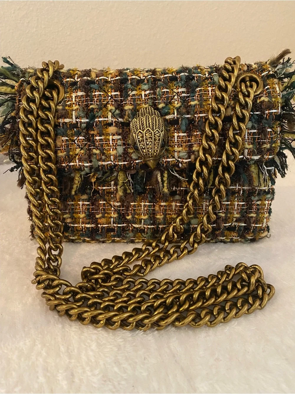 Kurt Geiger London Mini Kensington Tweed Crossbody Bag Green Gold Multi Color